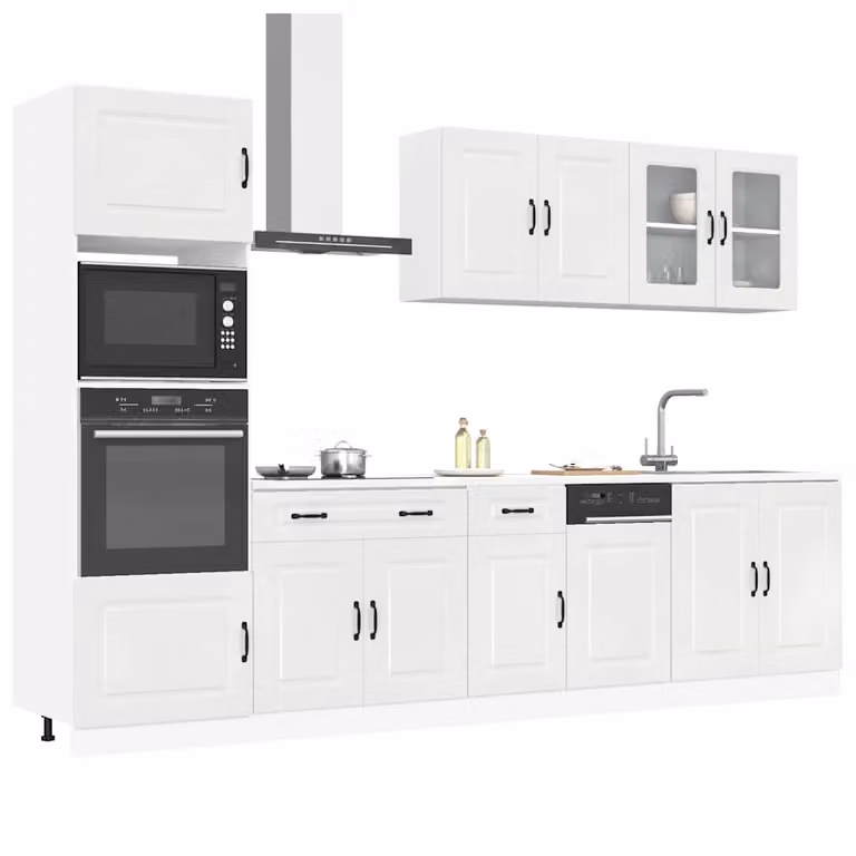 Set di mobili da cucina moderno vidaXL Kalmar composto da 7 pezzi in bianco lucido con ante in vetro e ripiani interni L/P/H: 246 x 60 x 81,5 cm