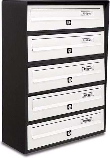 ALUBOX SLIM Cassette Postali Condominiali da 5 Posti in Alluminio e Lamiera Zincata con Sistema Anti Prelievo, L/P/H: 63 x 39 x 30 cm, Colore: Antracite e Bianco – 1