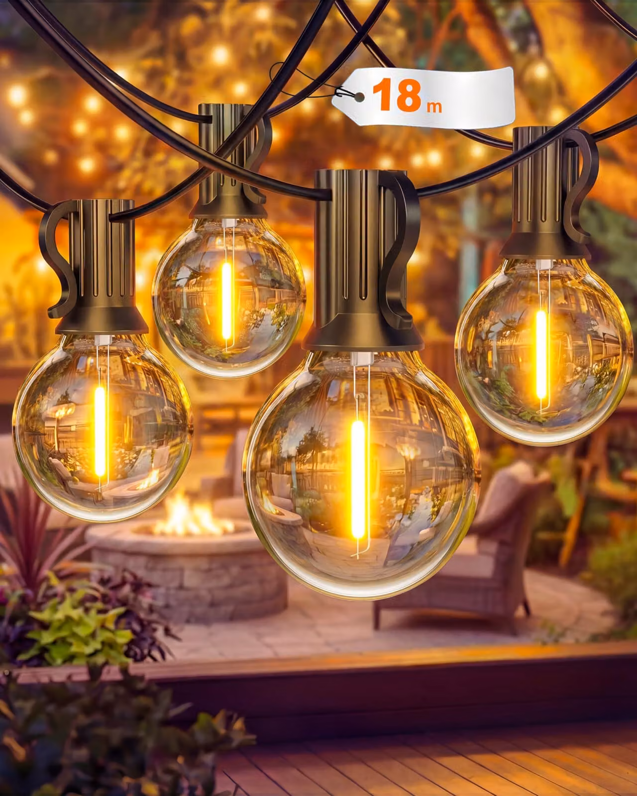 Catena luminosa a LED, 18 metri, tipo G40, grado di protezione IP65, luce bianco caldo, 25 lampadine + 1 lampadina di ricambio