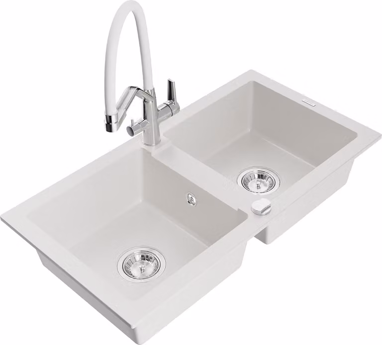 Mexen Mario lavello da cucina in granito a 2 vasche con miscelatore Duo, bianco - 6504-20-671701-02