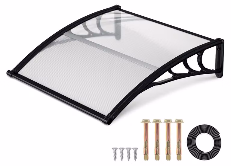 Tenda da esterno Ikodm per porta d'ingresso con grondaia, 120 x 100 cm, copertura per porta in policarbonato, nera/trasparente, protezione dalla pioggia per l'ingresso
