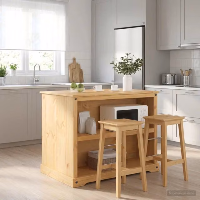 Set isola da cucina moderna vidaXL in legno di pino marrone, L/P/H: 112 x 77 x 91,5 cm