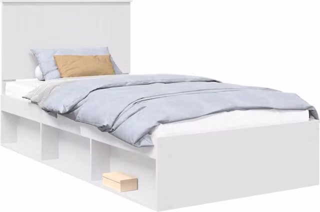 Letto singolo per adulti in pino massello laccato bianco con contenitore e doghe in legno L 100 x P 200 cm