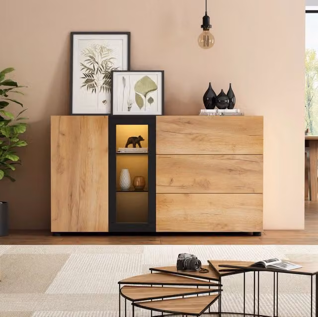Credenza moderna con LED e controllo APP; 140 x 40 x 80 cm; marrone e nero
