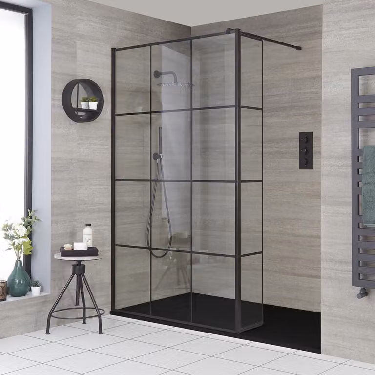 Box Doccia Walk-In a Nicchia con Piatto Doccia Effetto Ardesia Grafite 1100 x 700mm - Barq