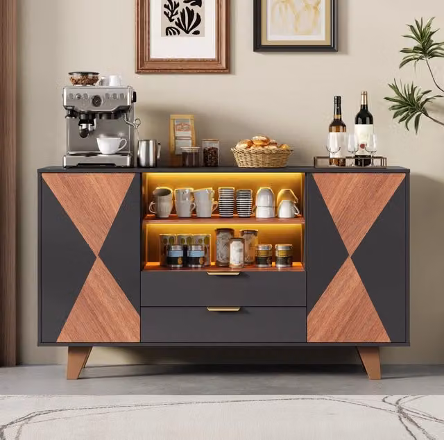 Credenza da cucina LED RGB 150 × 40 × 90 cm in MDF naturale e nero