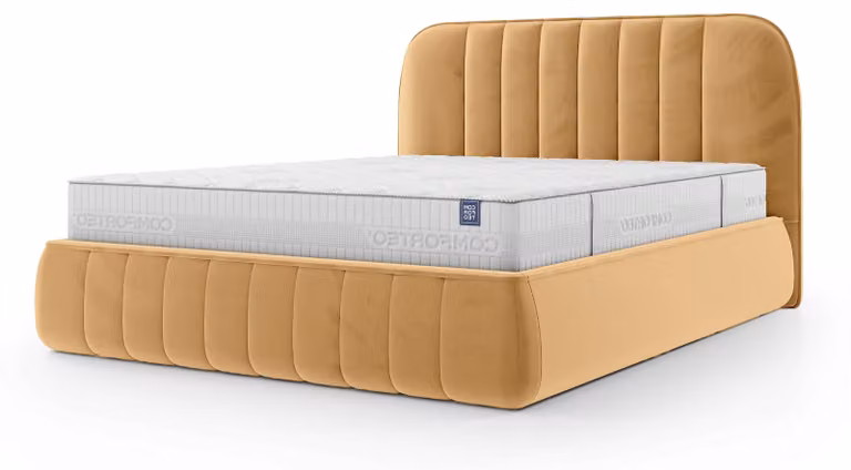 Letto imbottito con contenitore Carla, finitura miele di acacia, dimensioni 160 x 200 cm