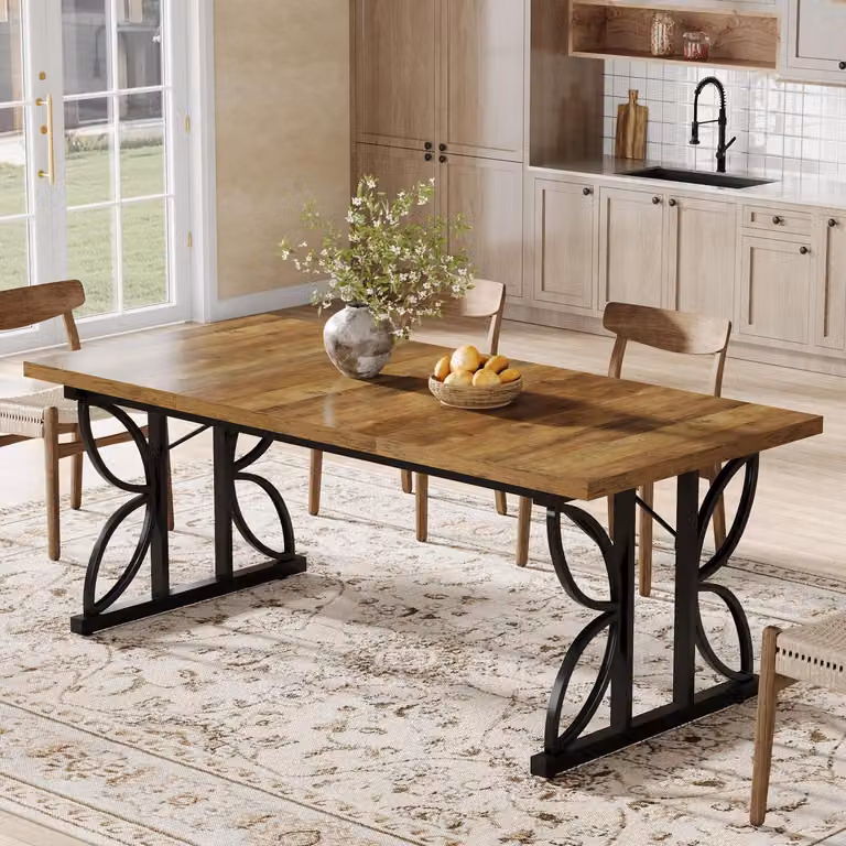 Tavolo da pranzo rettangolare, 180 x 80 cm, colore marrone, base in metallo, per 6-8 persone