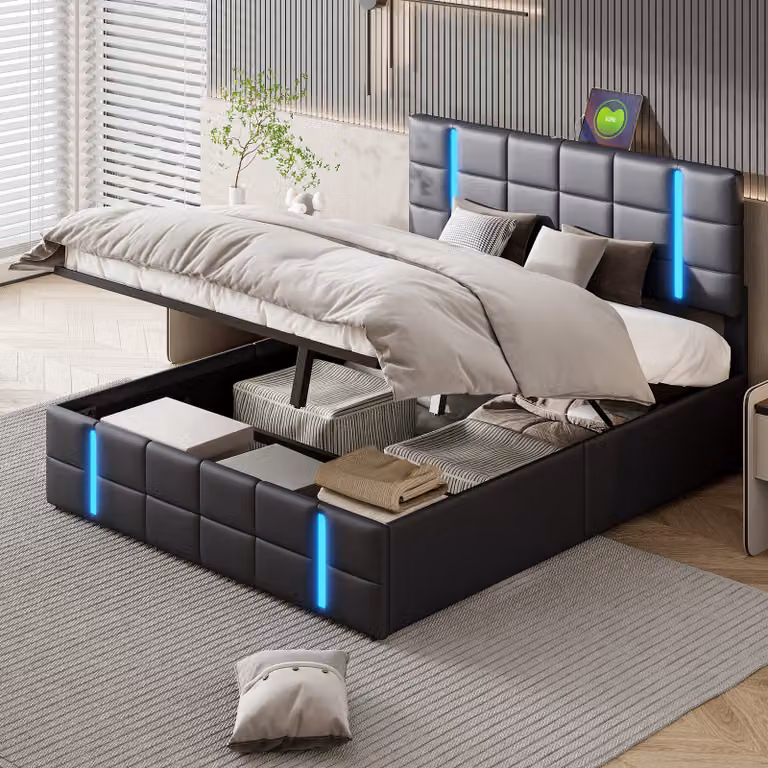 Letto imbottito matrimoniale 160x200 cm con LED, rete a doghe, telaio in PU, nero, design moderno, ideale per camere da letto, funzionale e confortevole