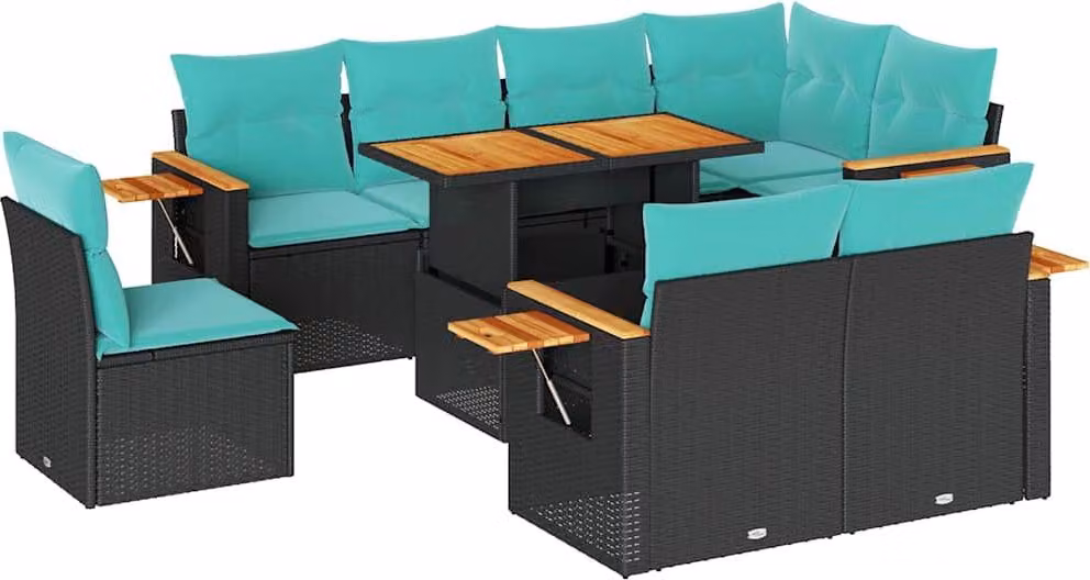Set Divani da Giardino 9 pz con Cuscini Nero Polyrattan Acacia