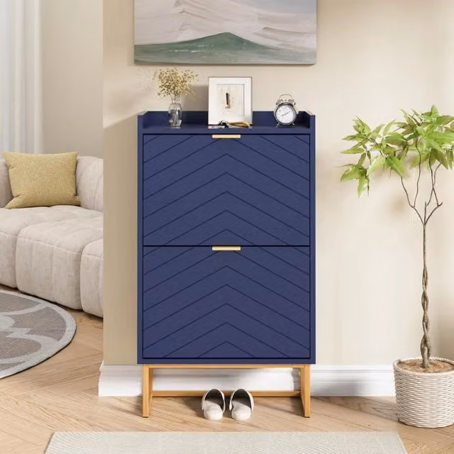 UEV Scarpiera Salvaspazio Slim con 2 Ante a Ribalta Mobile Porta Scarpe per Ingresso e Soggiorno 50x24x103.5cm Blu Scuro