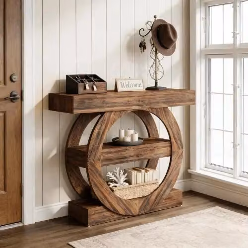 Consolle OKWISH in legno marrone stile rustico con 3 ripiani aperti per ingresso e soggiorno L: 105 cm, P: 30 cm, H: 85 cm – 2