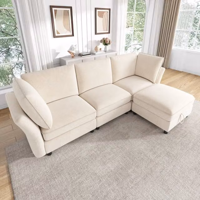 Divano modulare a L 225x137x84 cm con pouf contenitore in ciniglia beige