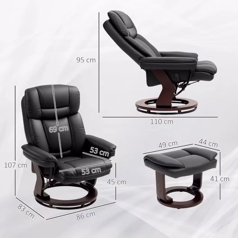 Poltrona relax girevole WISHDOR con poggiapiedi, reclinabile, in pelle rigenerata nera – 2