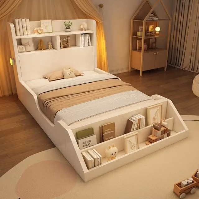 Letto Singolo 90x200 cm in Legno Bianco con Libreria Rimovibile e Luci Notturne