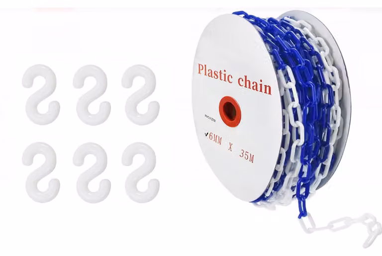 Catena di delimitazione da 35 metri, blu e bianca, in plastica, con diametro di 6 mm, dotata di 6 ganci a forma di S