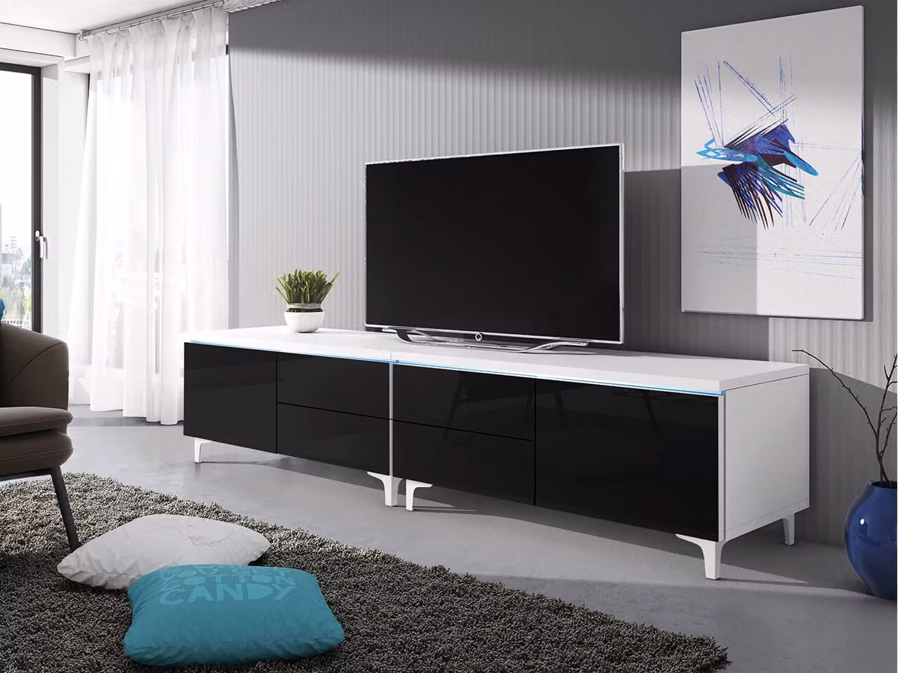 Tavolino per TV su gambe con illuminazione a LED FERNS 11 - bianco / nero lucido