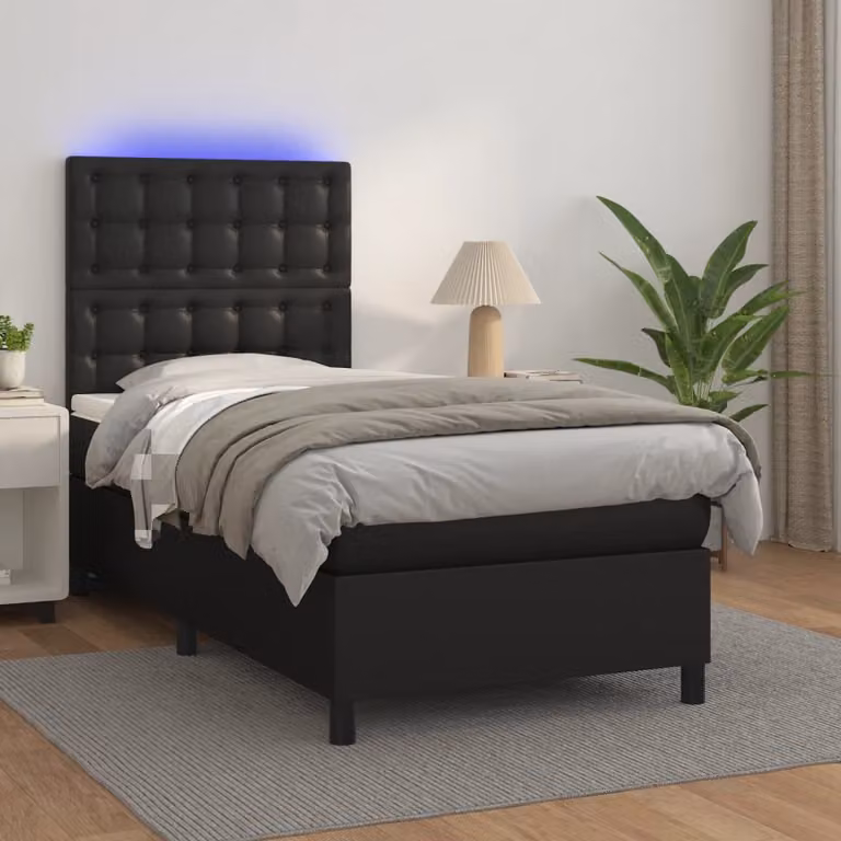 vidaXL Giroletto a Molle con Materasso e LED Nero in Similpelle, L/P: 90 x 190 cm
