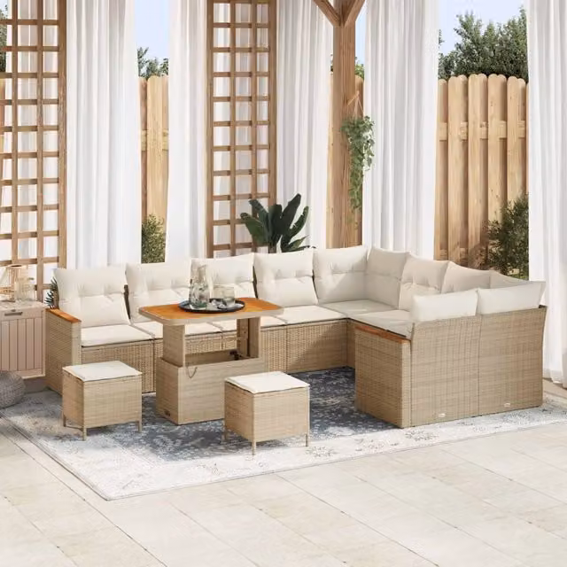 Set Divano da Giardino vidaXL in Polyrattan Beige con Cuscini e Tavolino da 12 Pezzi – 1