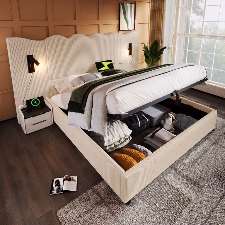 Letto imbottito idraulico Flieks 180x200cm con funzione di carico e lampada da lettura, letto contenitore letto matrimoniale con rete a doghe, tessuto a coste, beige