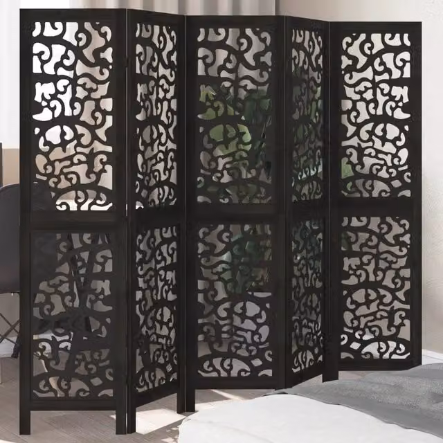 Divisorio Ambienti 5 Pannelli vidaXL in Legno Massello di Paulownia Nero Opaco H: 180 cm x L: 160 cm