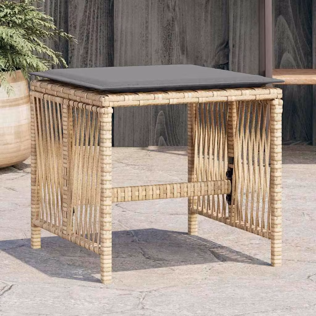 Set di 4 sgabelli da giardino vidaXL in polyrattan con cuscini beige e grigio, L/P/H: 41 x 41 x 36 cm