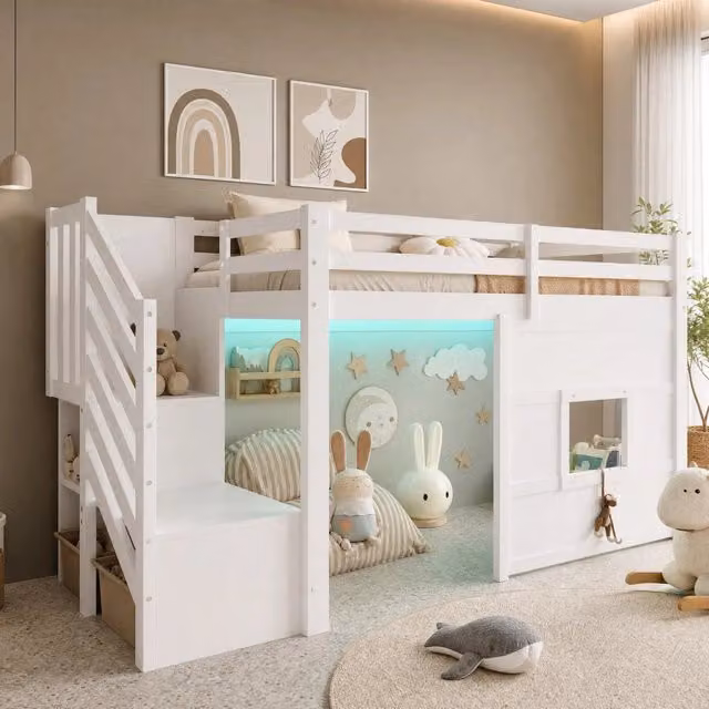 Letto a soppalco 90x200 cm bianco con scala contenitore e finestra