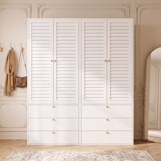 Armadio guardaroba 4 ante a lamelle 180x50x200 cm con 6 cassetti; bianco
