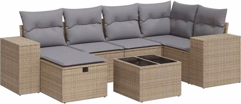 Set Divani da Giardino 7 pz con Cuscini Beige in Polyrattan
