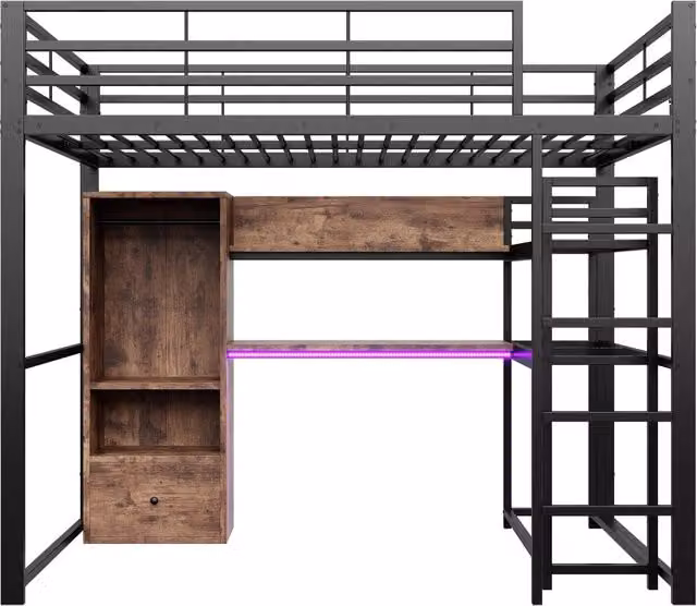 Letto a soppalco in metallo 140x200 cm con scrivania, LED, cassetto e ripiani, colore bianco, senza materasso