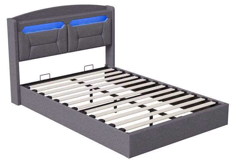 Letto imbottito 140 x 190 cm - Letto con sistema di sollevamento idraulico e spazio contenitore - Struttura in legno con funzione di sollevamento - Include rete a doghe e testiera moderna - Senza materasso - Grigio chiaro