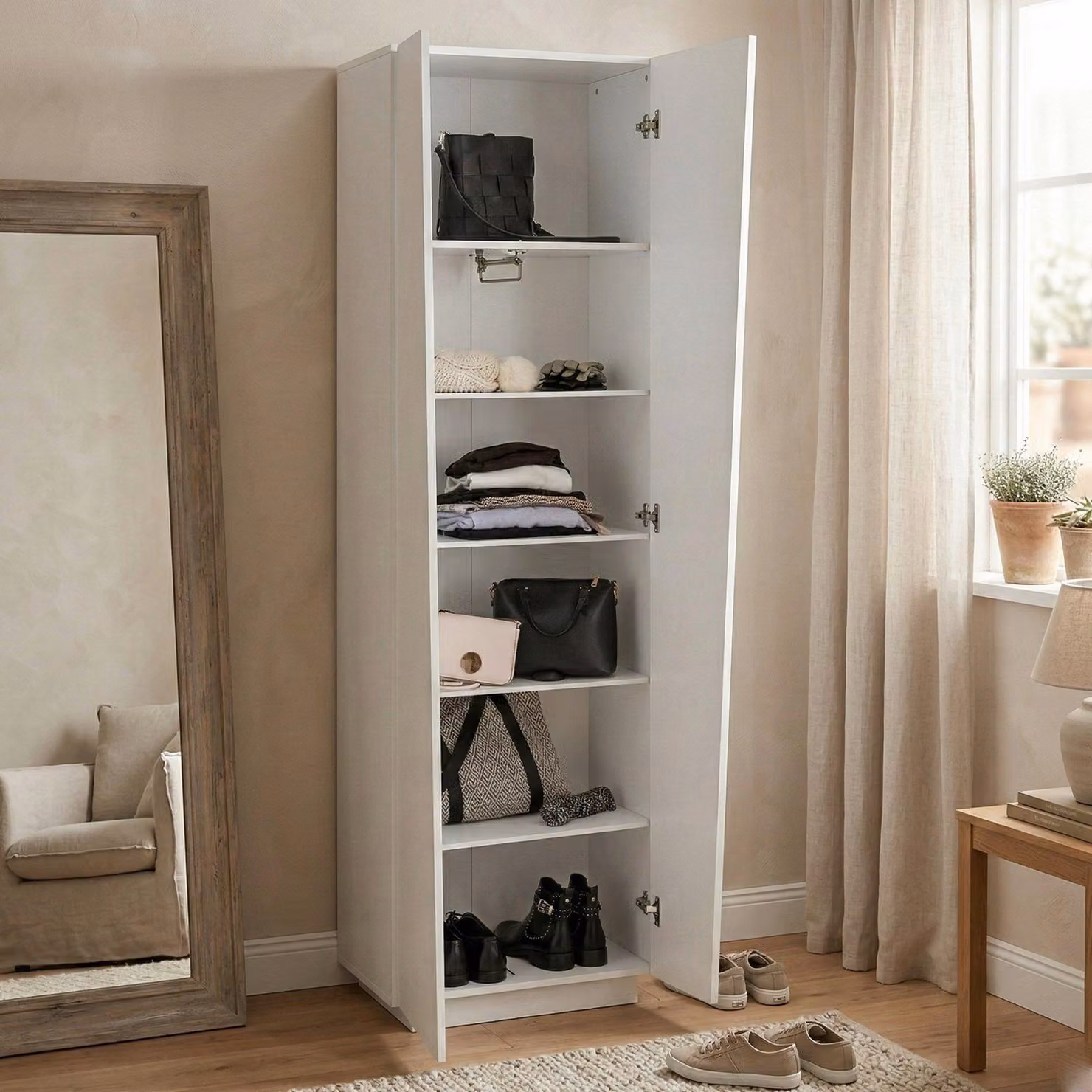 Dmora Armadio Multiuso 2 Ante Albatros 38x199.7h cm Bianco, 2 Ante 6 Vani  Italy