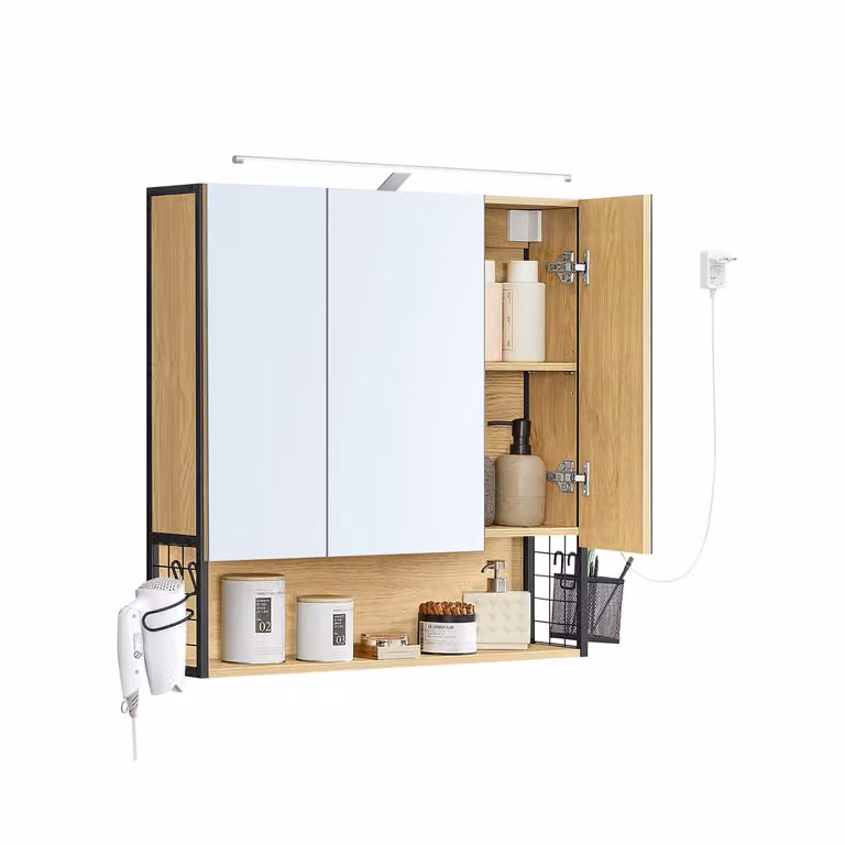 Armadietto da Bagno da Muro con Ante a Specchio Cestino Porta Asciugacapelli, Rovere Naturale / 14,5 x 70 x 70 cm