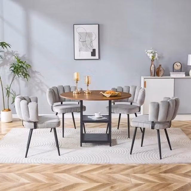 Set tavolo e sedie da pranzo con tavolo rotondo e 4 sedie, ripiani aperti, MDF e metallo noce, nero e grigio