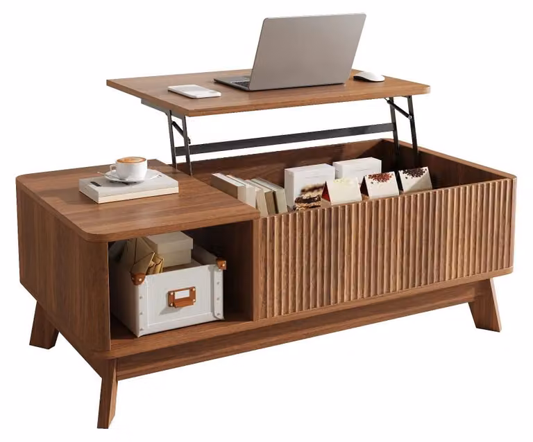 Tavolino moderno - Tavolino da soggiorno - Funzione di sollevamento - Design a onde - Ripiano laterale aperto - MDF - Noce
