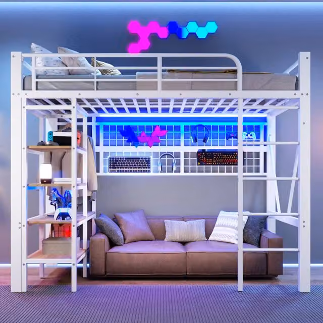 Letto a soppalco singolo bianco con illuminazione LED, ripiano e appendiabiti in metallo e MDF, L/P/H: 90 x 200 x 204 cm