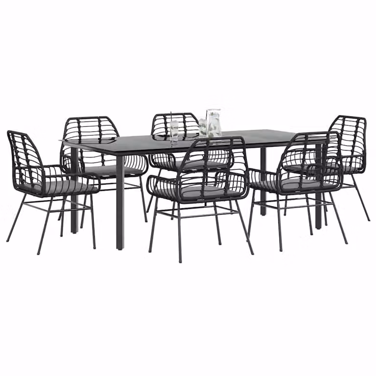 Set da giardino vidaXL in 7 pezzi in polyrattan e vetro nero e grigio con design moderno