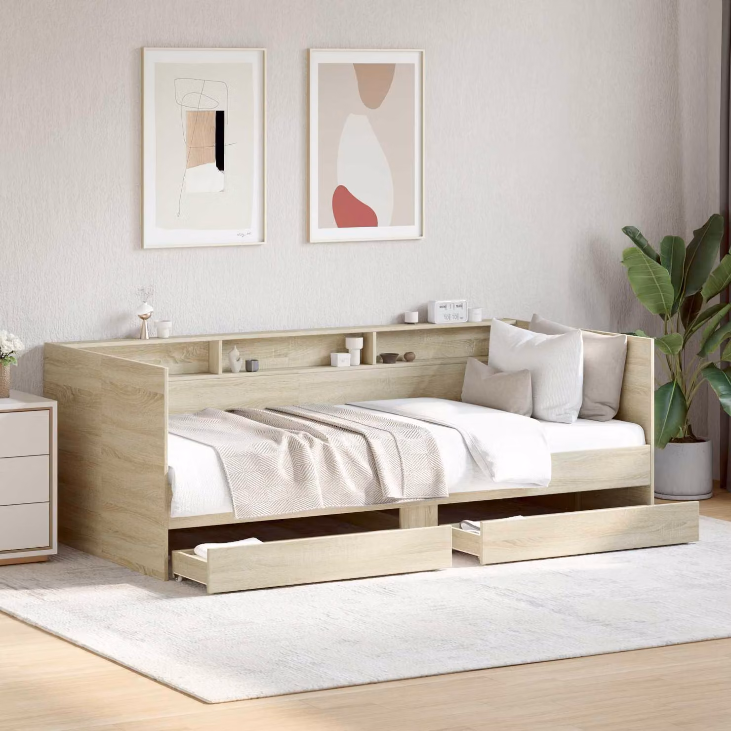 Maison Exclusive - Letto a giorno con cassetti e ripiano, struttura in legno impiallacciato effetto noce Sonoma