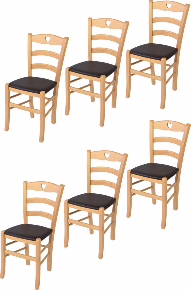 t m c s Tommychairs - Set di 6 sedie CUORE per cucina e sala da pranzo, Struttura robusta in legno di faggio laccato in colore naturale e seduta imbottita rivestita in Pelle finta nel colore Moka