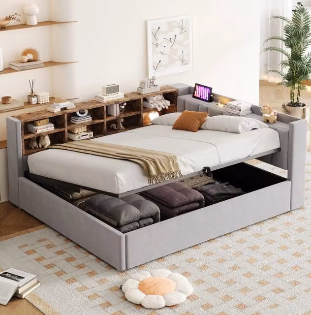 Letto imbottito multifunzione 140x200 cm in velluto grigio chiaro con contenitore; luce notturna; USB e Type-C