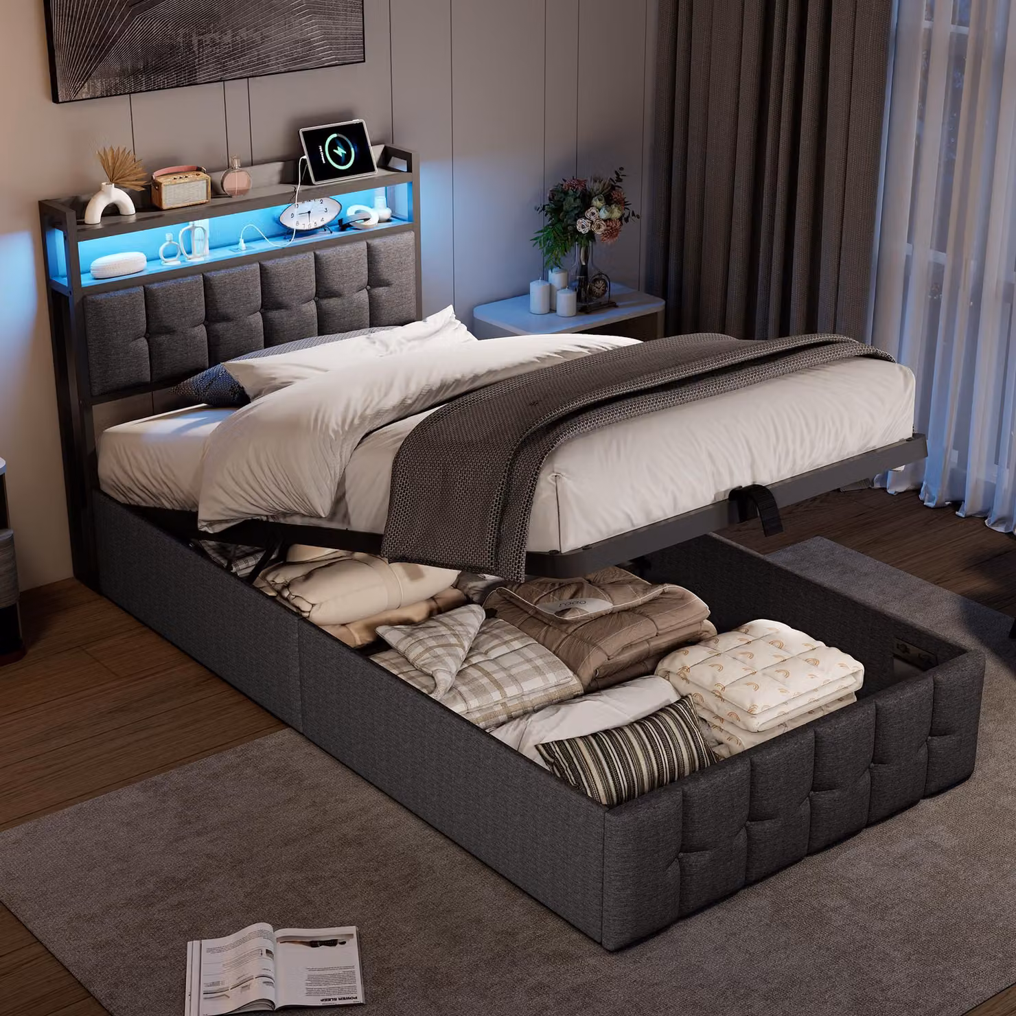 UnboxG Letto imbottito 90x200 cm con USB, letto singolo per ragazzi con rete a doghe e contenitore, letto contenitore con LED, lino, grigio