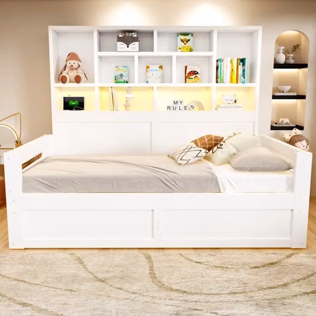 Letto multifunzione 90x200 cm con contenitore idraulico; LED e prese; bianco