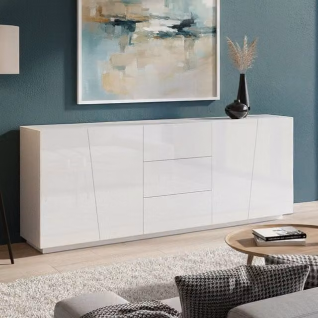 Credenza moderna a 4 ante e 3 Ayrton, Made in Italy, Madia da cucina, Buffet di design da soggiorno, cm 220x43h86, Bianco lucido