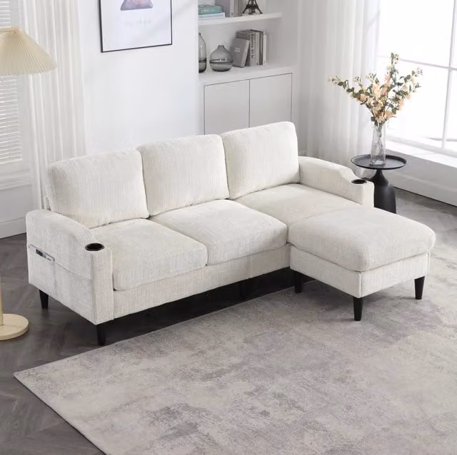 Divano 4 posti con pouf contenitore in chenille beige; 196;5 x 75 x 77 cm
