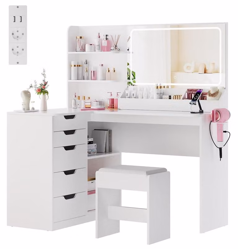 Comò da trucco con specchio a LED, presa di corrente e sgabello, 5 cassetti, bianco, 120x65x136 cm