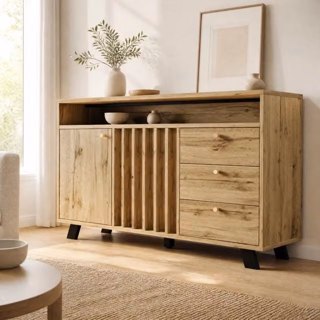 Credenza con 3 cassetti; 2 ante a doghe e vano aperto; 120 x 40 x 85 cm; rovere scuro