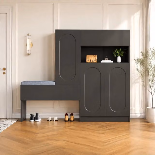 Scarpiera con panca; ante a chiusura ammortizzata; ripiani regolabili; nero; 130×35×110 cm