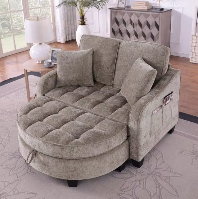 Divano letto multifunzione con pouf contenitore; struttura in eucalipto; marrone; 132 x 129 x 93 cm