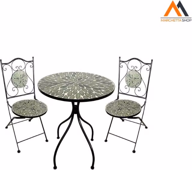 Set Tavolo da Esterno Mosaico Fogliarte LIF Verde con Piano in Ceramica e Struttura in Acciaio Verniciato a Polvere, Diametro: 60 cm, Altezza: 75 cm