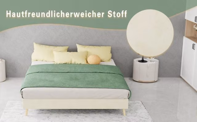 Letto a piattaforma imbottito in velluto olandese, base bassa senza testiera, beige, 140x200 cm, senza materasso